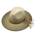 Detail of felt fedora hat featuring beaded cords and two white feathers decoration - M (56-58cm) / Army Green Color Block