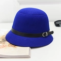 Elegant blue wool cloche hat with a black leather belt buckle for women's winter style - Sapphire Blue