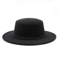 Close-up of a black flat top wool felt hat with matching ribbon and wide brim - M (56-58cm) / Black