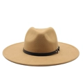 Detailed view of camel wool fedora hat featuring a black leather band and silver metal buckle - M(57-59cm) / Camel