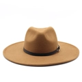 Close-up of camel wool fedora hat with a black leather band and silver buckle detail - M(57-59cm) / Light Coffee