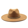 Classic dark khaki wide brim fedora hat with vintage bohemian beaded decorative band - M (56-59cm) / Khaki