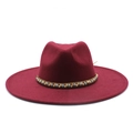 Detail of burgundy wide brim felt fedora hat featuring ethnic beaded band and flat top - M / 56-59cm / Burgundy