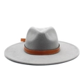 Detail of grey fedora hat featuring a brown leather band with precise white stitching - M (56-59cm) / Gray