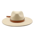 Classic beige wool felt jazz hat for men and women featuring a brown leather decorative band - M (56-59cm) / Beige