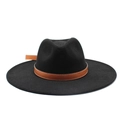 Detailed view of the black wool fedora hat with brown leather band and white stitching - M (56-59cm) / Black