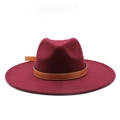 Detail of wine red wide brim fedora hat with brown leather belt buckle strap decoration - M (56-59cm) / Burgundy