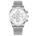 Silver quartz men's watch with white dial, mesh steel band and calendar display - White Dial Silver Case Silver Strap