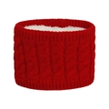 Detailweergave van een rode gebreide kindernekwarmer met witte fleece voering - Nekwarmer / Rood