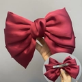 Burgundy satin bow hair clip with triple-layered ribbon and silver spring fastener - Spring Clips / Light Wine Red