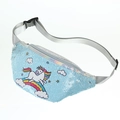 Light blue sequin waist bag for kids featuring a cartoon unicorn and rainbow pattern - Sequin Light Blue