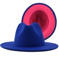 Blue and pink two-tone wool felt fedora hat with classic jazz crown and wide brim - Outer Royal Blue Inner Rose Red