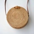 Handmade round rattan crossbody bag with leather strap and woven bow closure - Natural-Plain Bow Buckle
