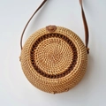 Handcrafted round rattan crossbody bag in light brown with premium leather strap - Natural-Hollow Small Round