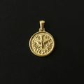 Macro view of golden coin pendant with Holy Spirit dove and Latin engraving on black background - M12 Dove of Peace