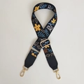 Floral embroidered wide shoulder strap with golden metal clasps and leather ends - Black Yellow Floral + Black Leather (Silver Hook)