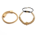 Tweedelige gouden set van roestvrij staal met gevlochten manchet en kroon-kralenarmband - Vierkante Kop Set / Goud