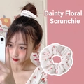 Floral scrunchie with red flowers and green leaves on white fabric for hair styling - Red Floral