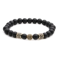 Matte black stone beaded bracelet set with gold crown accents and cubic zirconia - Gold Pave Ball Style