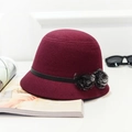 Elegant wine red wool felt bucket hat featuring decorative fur balls and a leather band - Burgundy