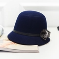 Dark navy wool felt bucket hat for women with black leather strap and pompom detail - Navy Blue