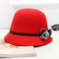 Elegant red wool felt bucket hat with black leather band and dual pom-poms for winter - Red