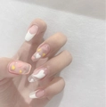 Rosa French Press-on-Nägel mit bunten 3D-Herzen in langer Ballett-Nagelform - Süßer Französischer Herzstil (JP833)