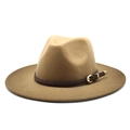Classic camel wool fedora hat with dark brown braided band and gold buckle on white background - Khaki / M (56-58cm)