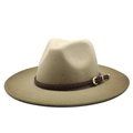 Classic khaki wool fedora hat with a wide flat brim and braided leather belt with gold buckle - Army Green / M (56-58cm)