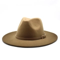 Klassischer khakifarbener Fedora-Wollhut mit Lederband und goldener Gürtelschnalle - M(56-58cm) / Khaki