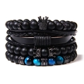 Stackable natural stone bracelet set featuring matte onyx and blue tiger eye beads - Micro Pave Black Glass Leather