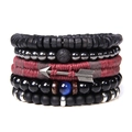 Multilayer bohemian natural stone bracelet set with wood beads and metal arrow charm - Arrow and Black