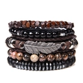 Multilayer natural stone bead bracelet set featuring silver feather charm and leather cords - Large Feather and Spacers