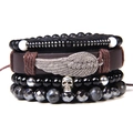 Set of four multilayer bracelets with black leather, silver wing and skull charms - Feather Bone Hematite