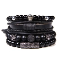 Men's bohemian bracelet set with black natural stone beads and silver skull charm - Skull Black Glass with Rhinestones