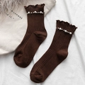 Brown ribbed crew socks with pearl beads and ruffled trim for a sweet academy look - One Size / Dark Coffee