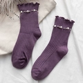 Purple ribbed cotton socks featuring elegant pearl studs and ruffled edges in a cute style - One Size / Purple