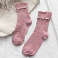 Pink ribbed socks with frilly cuffs featuring pearl and silver stud embellishments - One Size / Pink
