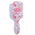 Pink flamingo and floral pattern hair brush with Hello Summer print on light background - Summer Flamingo