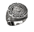 Macro detail of viking wolf head ring with celtic runes and black stone inlay - US 7 / Antique Silver
