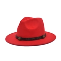 Detail of red wool fedora hat featuring brown leather band and antique metal buckle - M (56-58cm) / Red