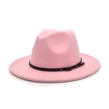 Pink wool fedora hat with black leather band and gold buckle for women and men - M(56-58cm) / Pink