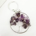 Silver tree of life keychain with purple and grey crystal stones on white background - Amethyst