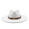 White wide-brim wool fedora hat with brown beaded band and golden feather detail - M (56-59cm) / White