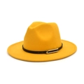 Classic bright yellow wool fedora hat with black leather belt and silver buckle - M (56-58cm) / Yellow