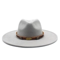 Detail of grey wool felt fedora featuring bohemian woven band and golden feather charm - M (56-59cm) / Gray