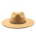 Detail of camel wool fedora with bohemian beaded band featuring turquoise and wooden accents - M / 56-59cm / Camel