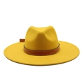 Detailed view of yellow wool fedora hat with brown leather band and white stitching - M (56-59cm) / Yellow