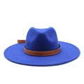 Detail of dark blue felt fedora hat featuring brown leather band with white stitching - M (56-59cm) / Blue