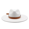 Beige wide brim fedora hat with brown leather band for men and women in winter fashion - M (56-59cm) / White